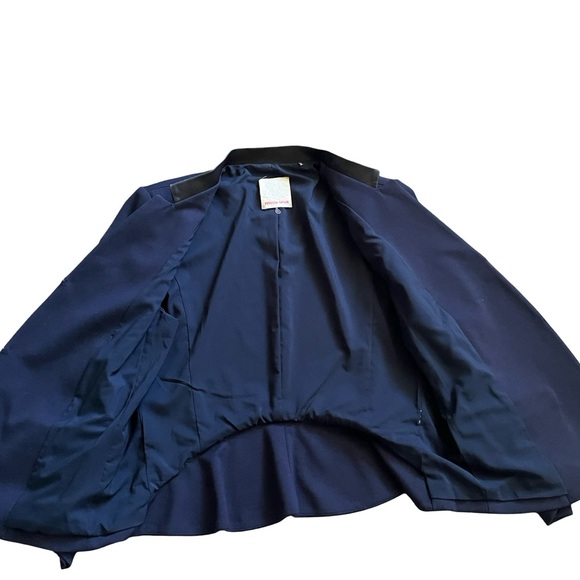 Rebecca Taylor Hook Front Leather Collar Blue Blazer Peplum Back Sz 12 Workwear - Picture 5 of 7